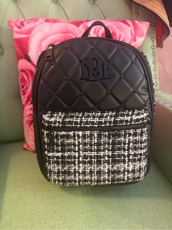 Badgley Mischka Handbags - Badgley Mischka Black Quilted Backpack with Black-and-White Tweed Pocket